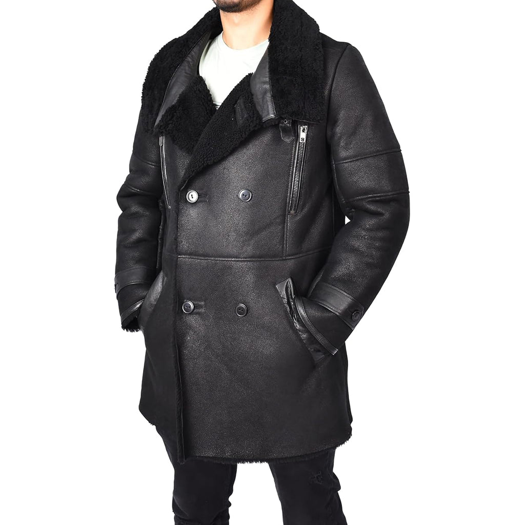 Mens WW1 WW2 ¾ Length Real Shearling Sheepskin Coat Winter Warm Franz Black-4