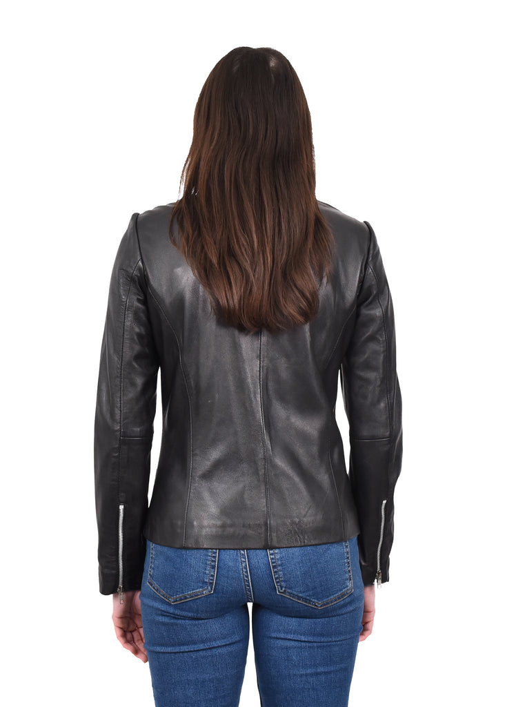 DR244 Women's Real Leather Collarless Jacket Black 4