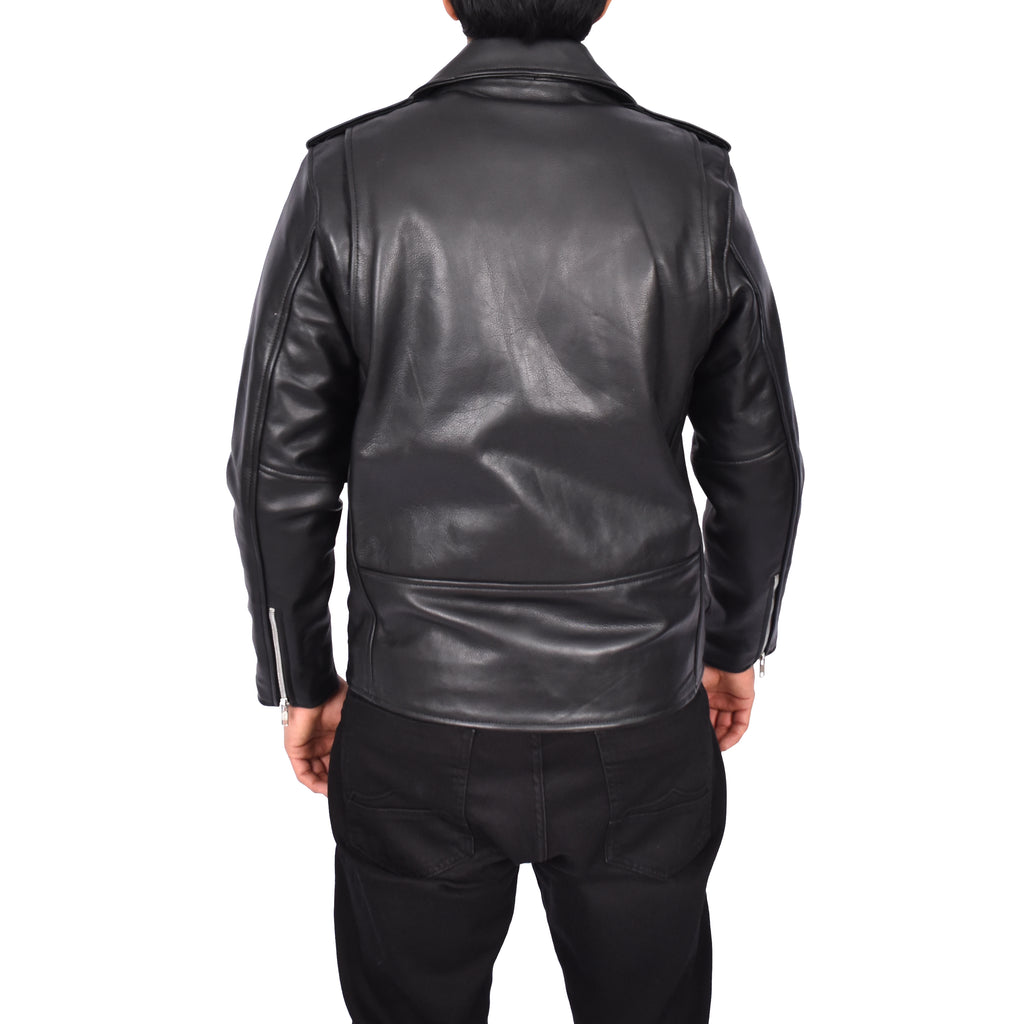 Men's Hard Wearing Real Cowhide Leather Biker Jacket Black Gunther-4