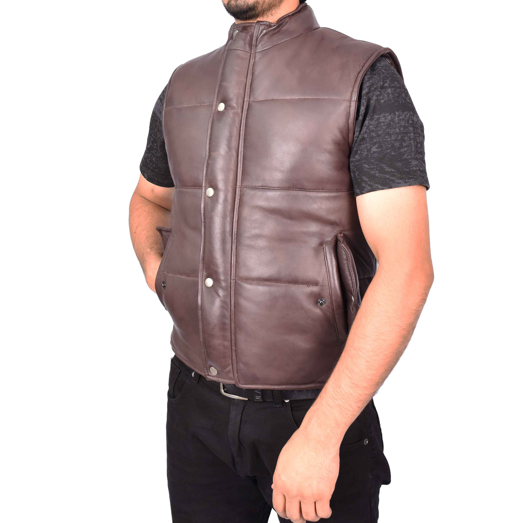 Men's Real Leather Puffer Waistcoat Body Warmer Brown Haakon-4