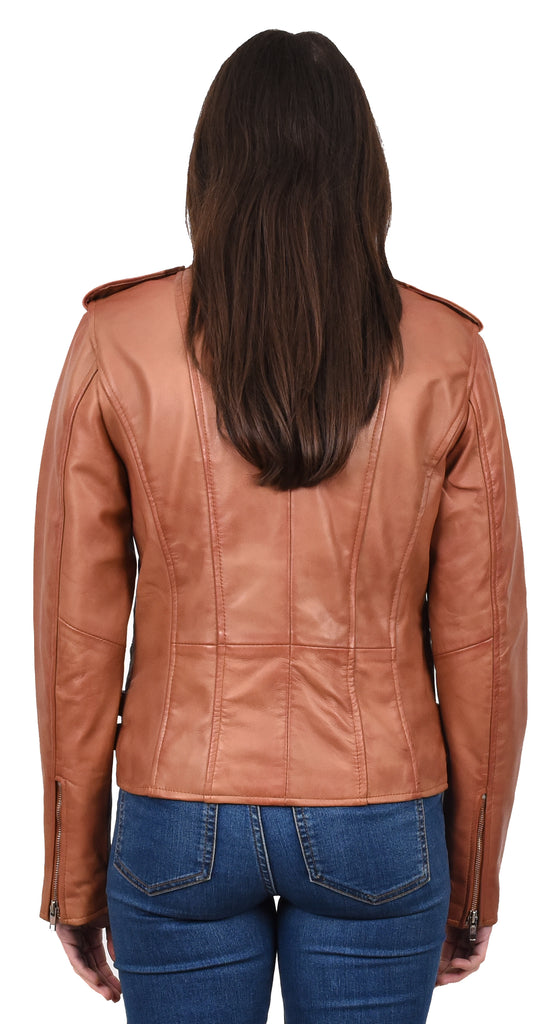 DR195 Women’s Trendy Biker Leather Jacket Cognac 4