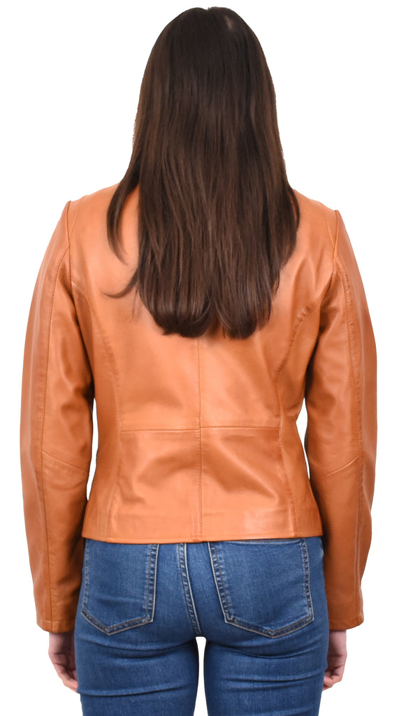 DR210 Women's Casual Biker Leather Jacket Tan 4