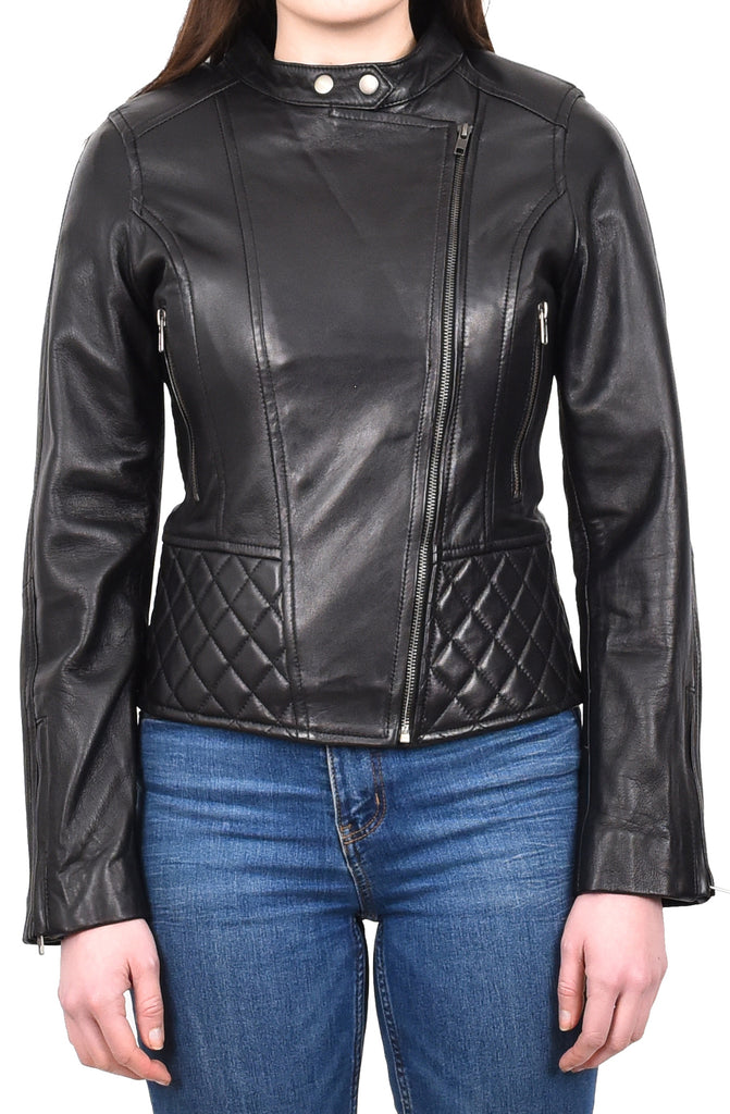 DR233 Women's Biker Leather Jacket Quilted Design Black 4