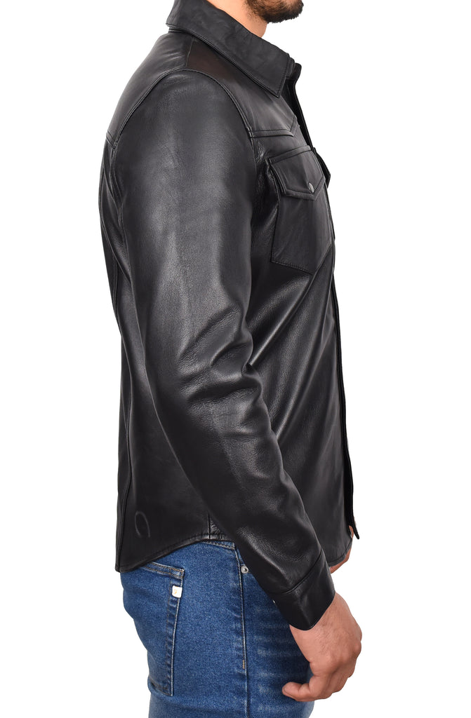 DR548 Men's Classic Leather Trucker Style Shirt Black 4