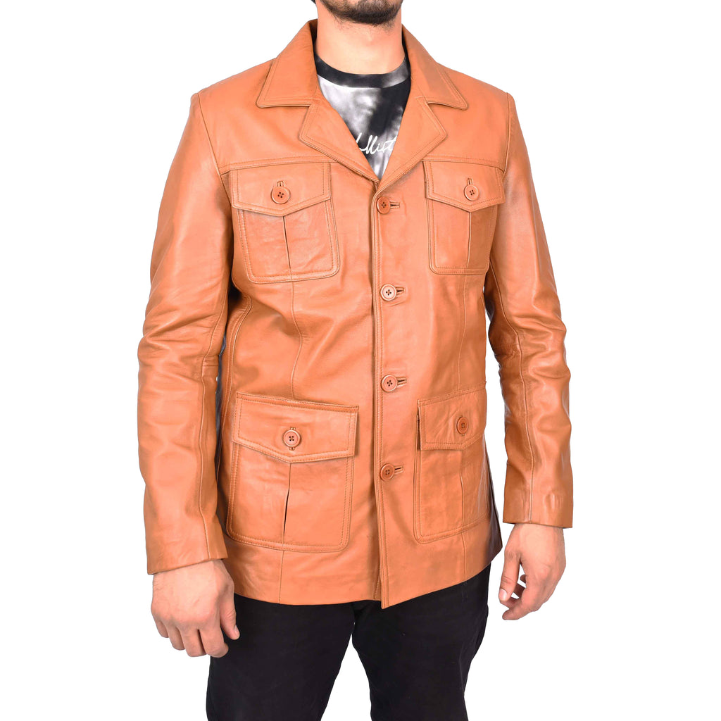 Men's Classic Safari Genuine Leather Jacket Tan Kaspar-4