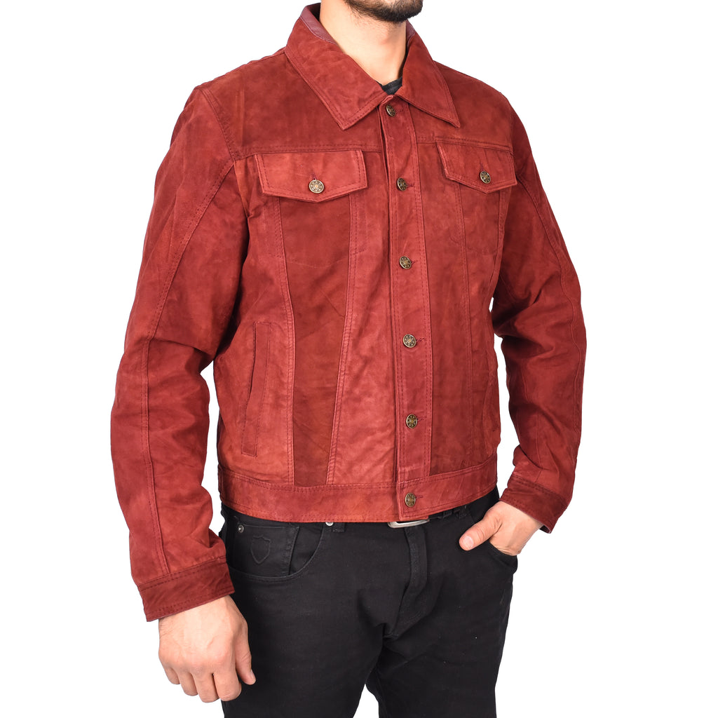 Men's Genuine Suede Buttoned Leather Jacket Trucker Style Burgundy Rorik-4