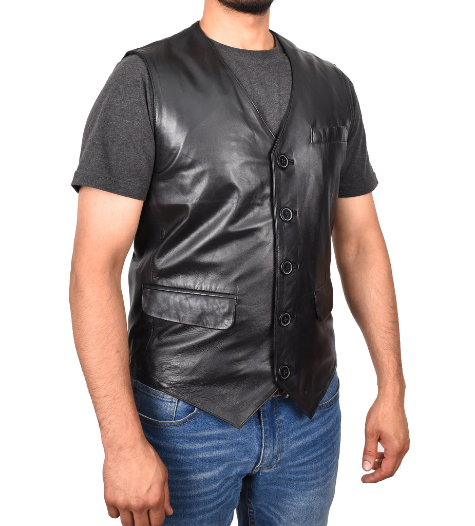 DR554 Men's Genuine Leather Gilet Vest Waistcoat Black  4