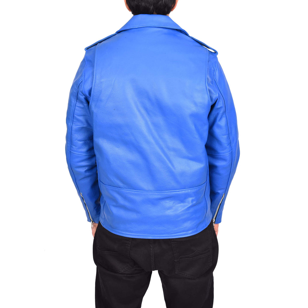 Men's Hard Wearing Real Cowhide Leather Biker Jacket Blue Gunther-4