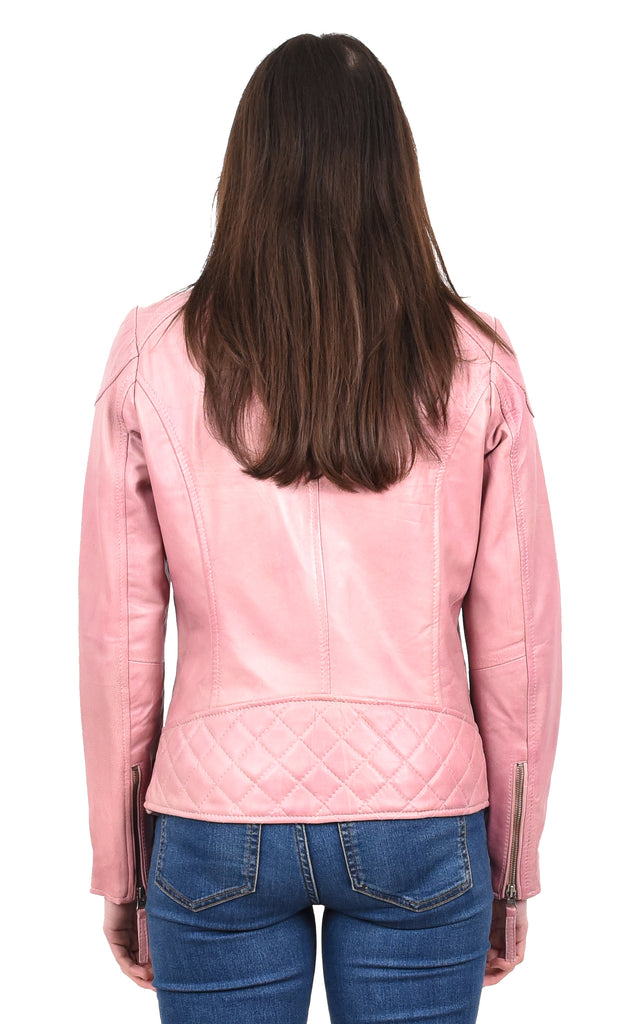 DR570 Women's Cross Zip Pocketed Real Leather Biker Jacket Pink 4