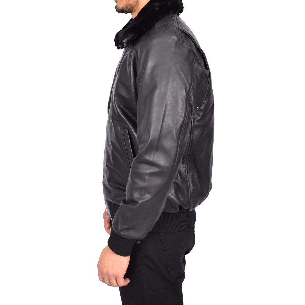 Men's Real Leather Bomber Pilot Jacket Removable Collar Black Edzard-4