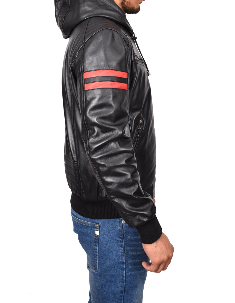 DR562 Men's Leather Hooded Bomber Jacket Black 4