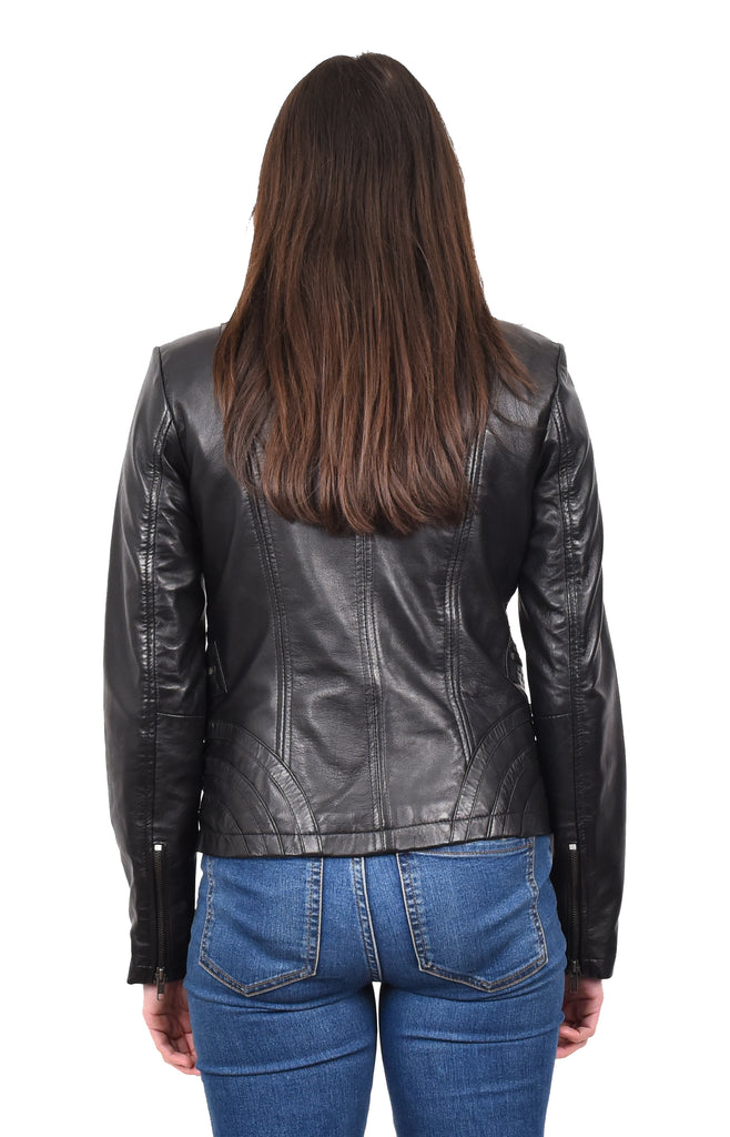 DR223 Women's Classic Leather Biker Zip Box Jacket Black 4