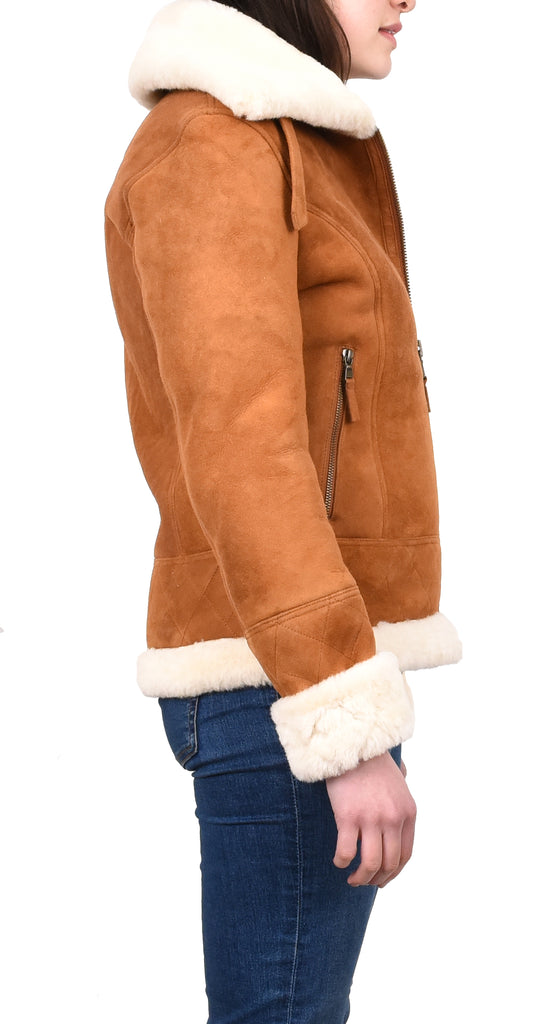 DR533 Women's Real Sheepskin Aviator Jacket Tan 4