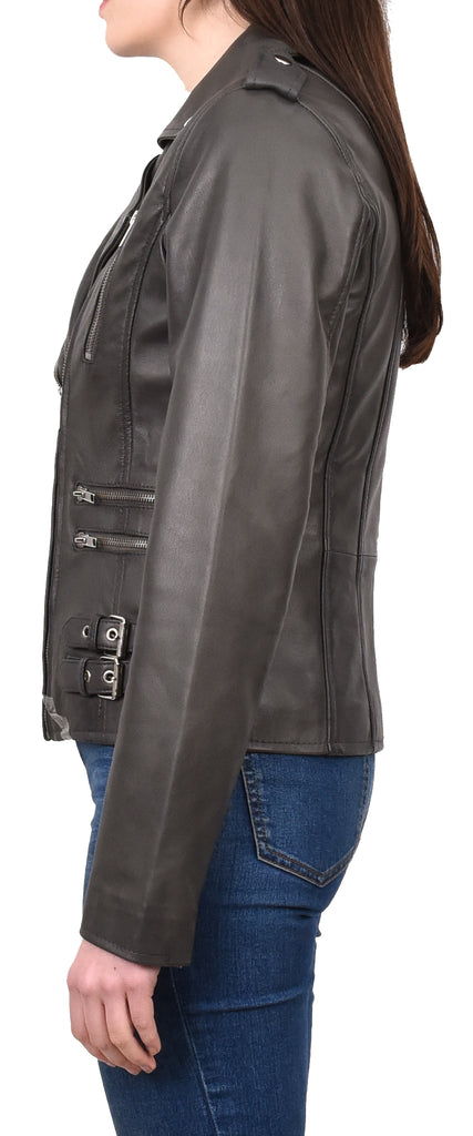 DR195 Women’s Trendy Biker Leather Jacket Grey 3