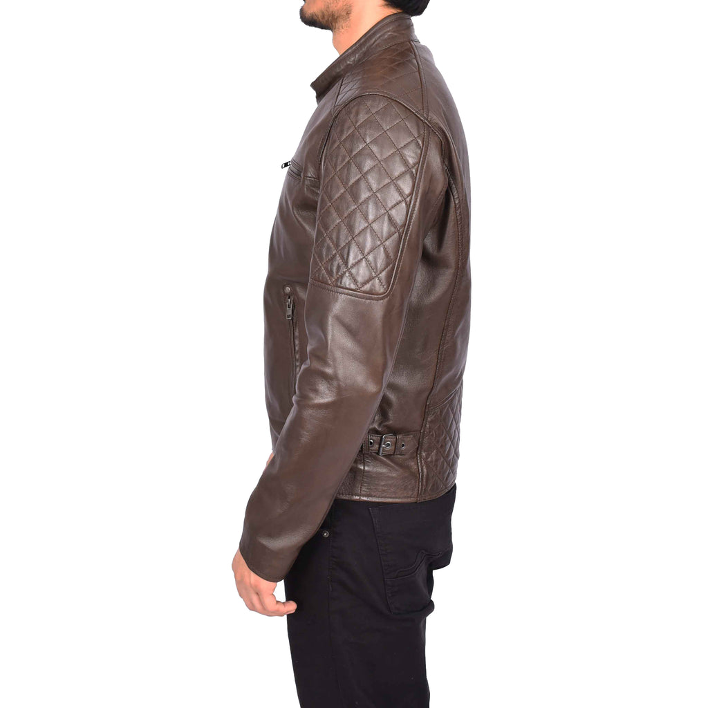 Men's Classic Quilted Biker Real Leather Jacket Brown Igor-3