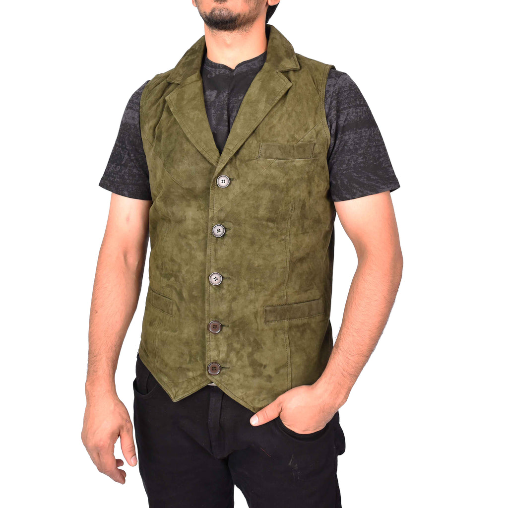 Men's Blazer Style Suede Leather Waistcoat Gents Vests Green Howie-4