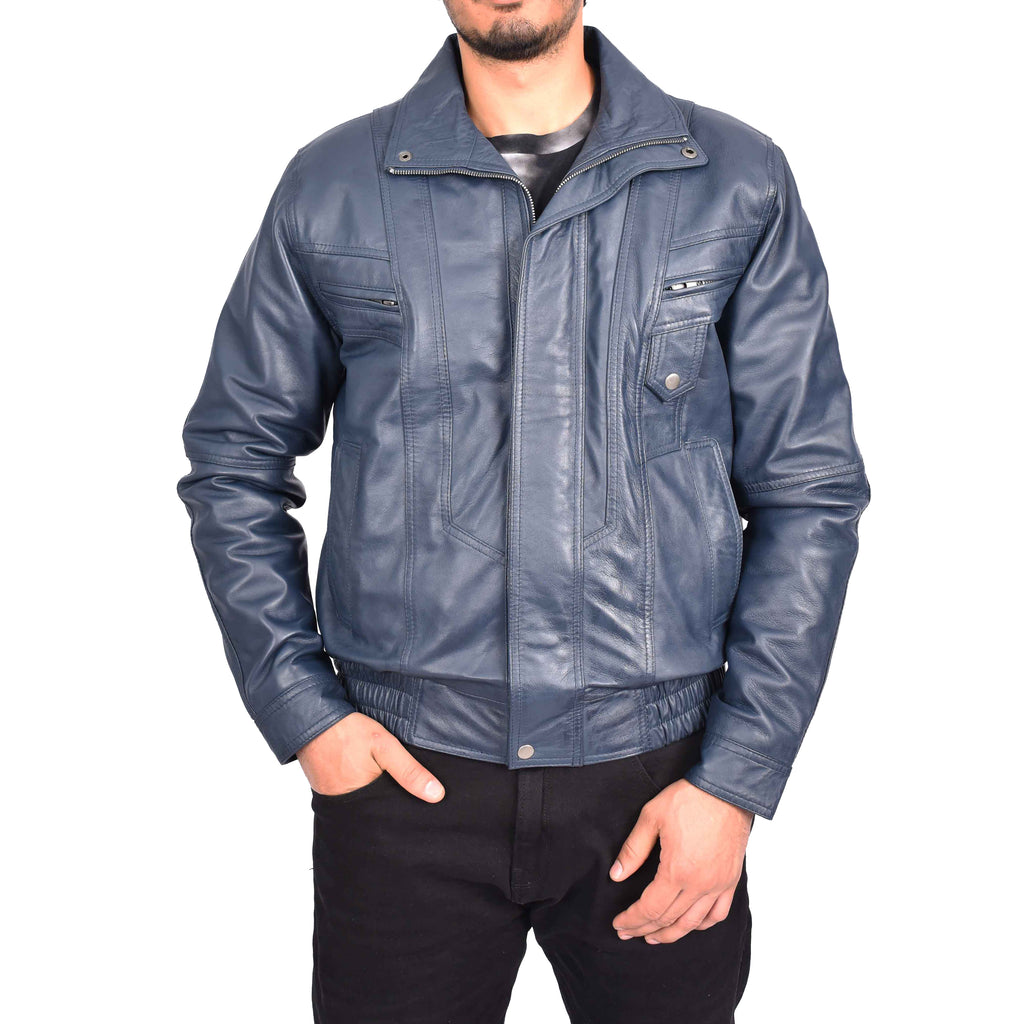 Men's Real Leather Classic Blue Jacket Bomber Blouson Style Errick-4