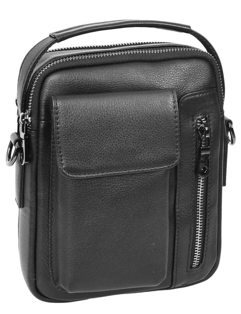 Crosso Men's Leather Cross-Body Organiser Flight Bag Black-4