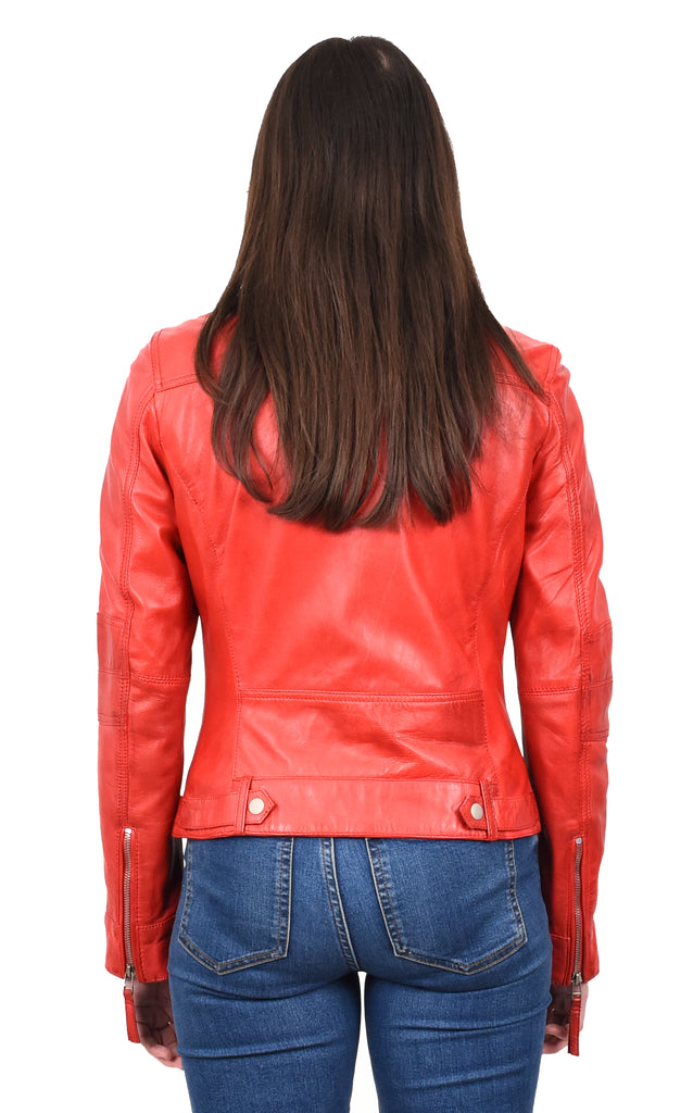 DR245 Women's Real Leather Biker Jacket Red 4