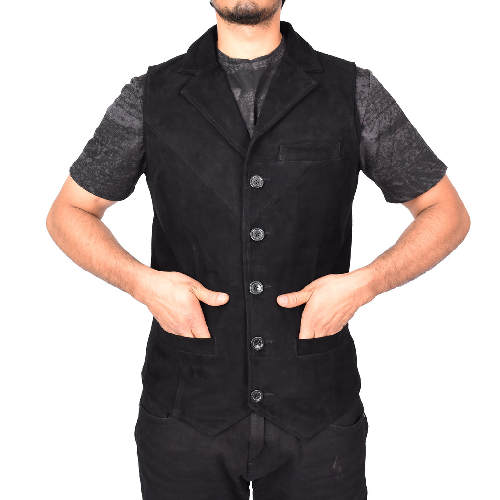 Men's Blazer Style Suede Leather Waistcoat Gents Vests Black Howie-4