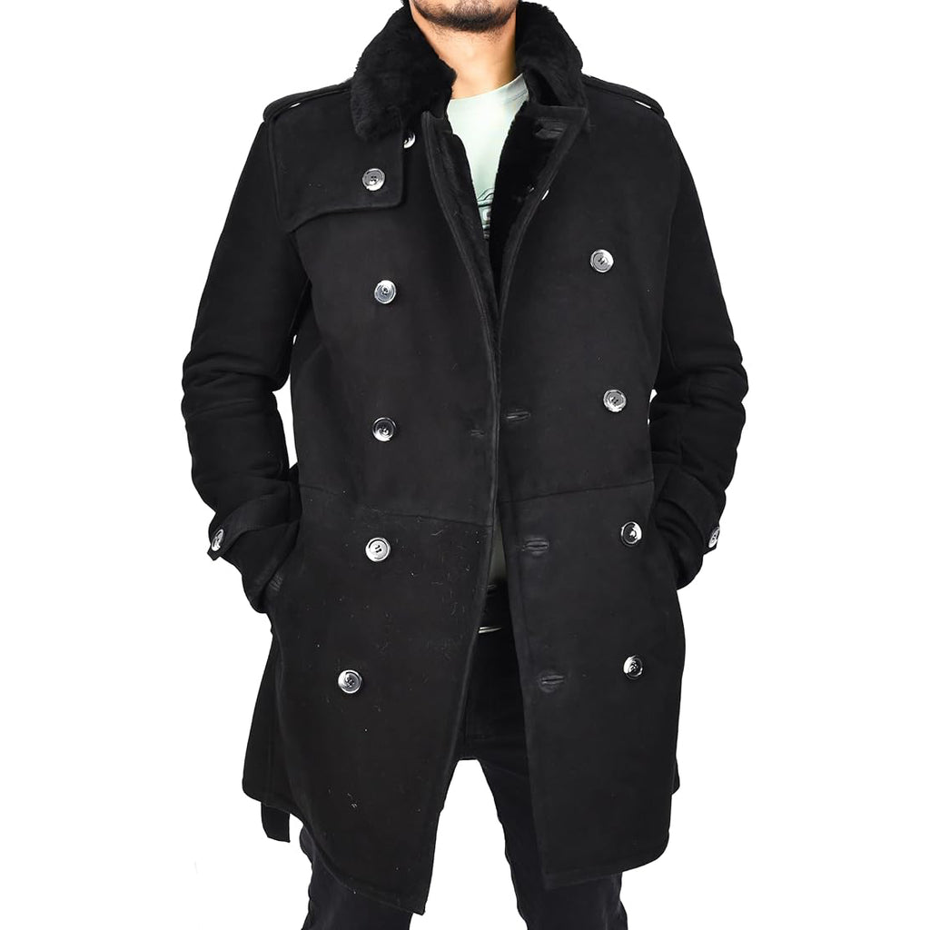 Mens Genuine Shearling Sheepskin Suede Pea Coat Classy ¾ Long Phillip-4