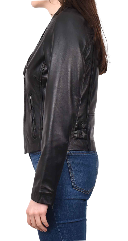 DR208 Women's Collarless Biker Leather jacket Black 4