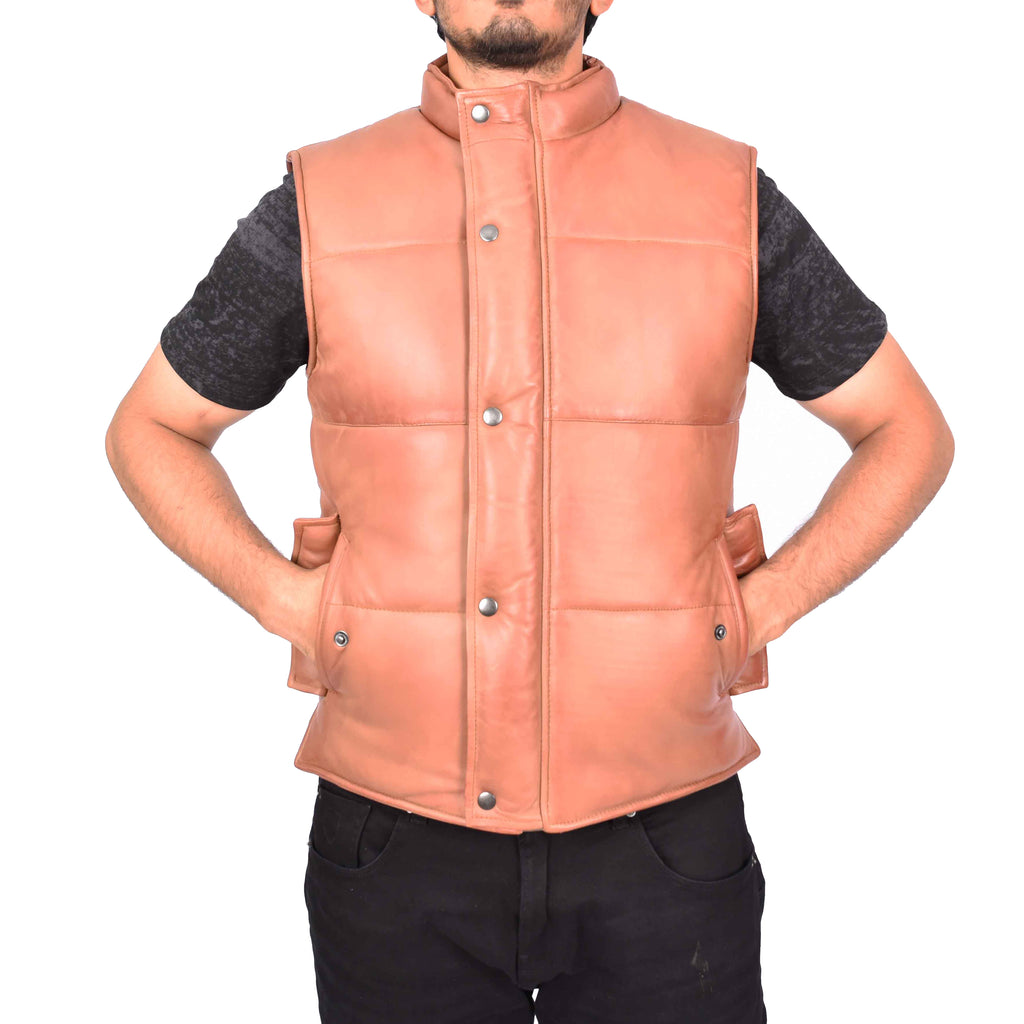 Men's Real Leather Puffer Waistcoat Body Warmer Tan Haakon-4