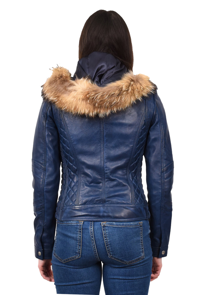 DR261 Women's Detachable Hoodie Biker Leather Jacket Blue 4