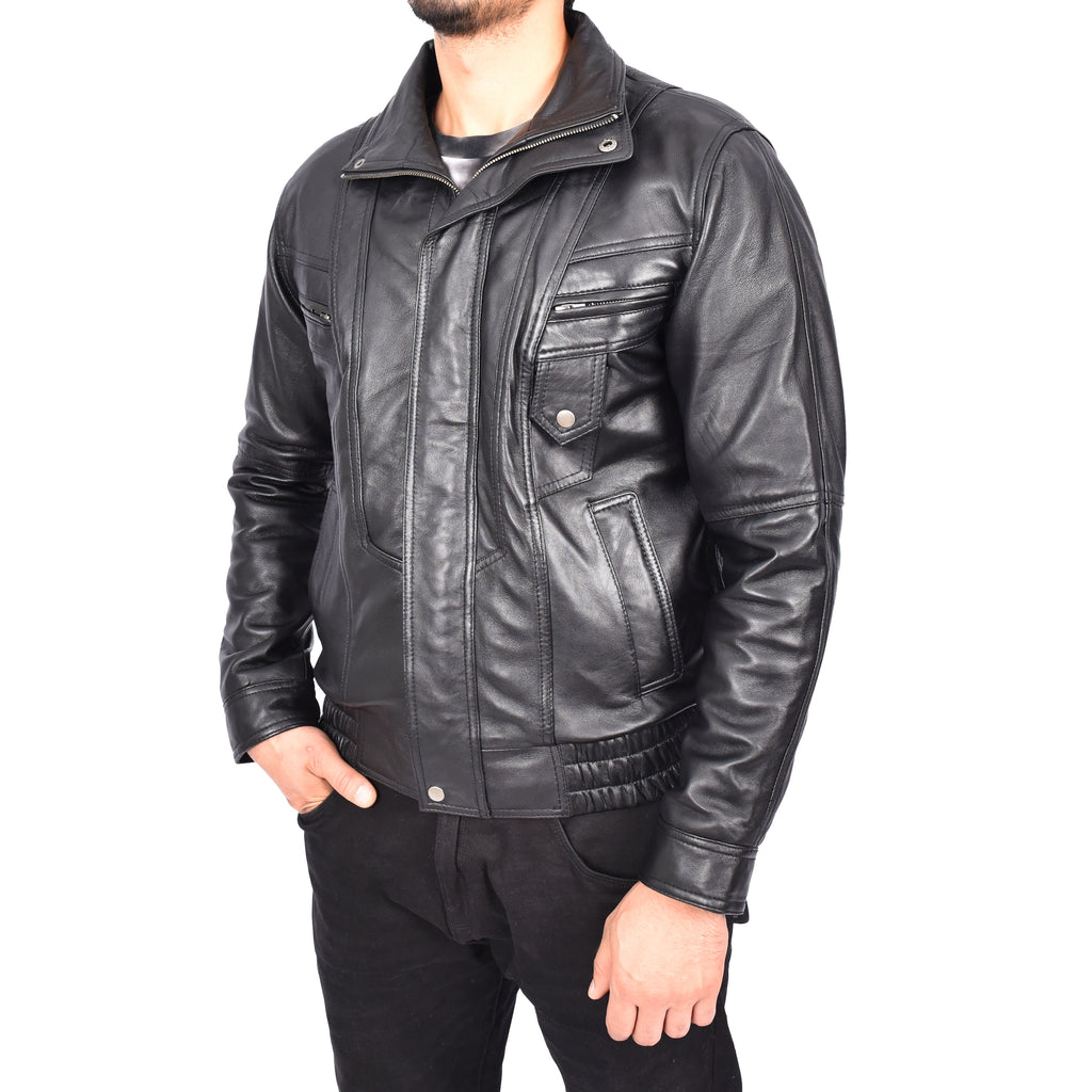 Men's Real Leather Classic Black Jacket Bomber Blouson Style Errick-4