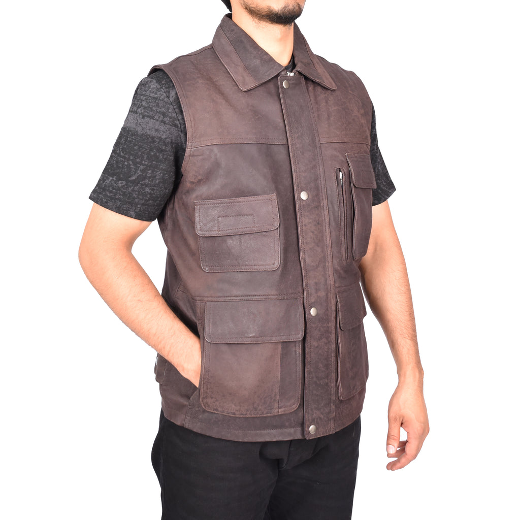 Men's Camping Gilet Fisherman Nubuck Leather Waistcoat Brown Davin 4