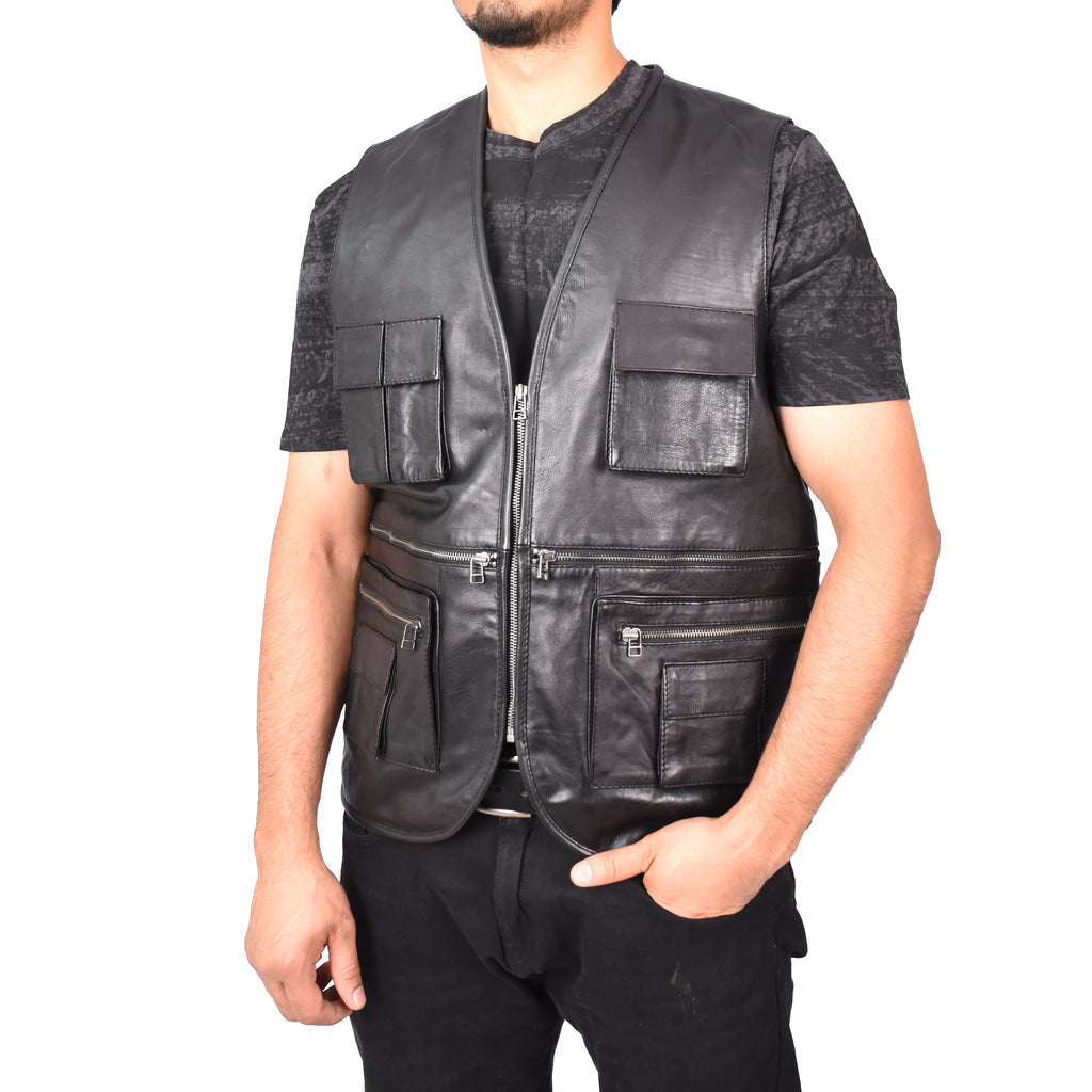 Men's Camping Military Style Leather Waistcoat Black Gustav-4