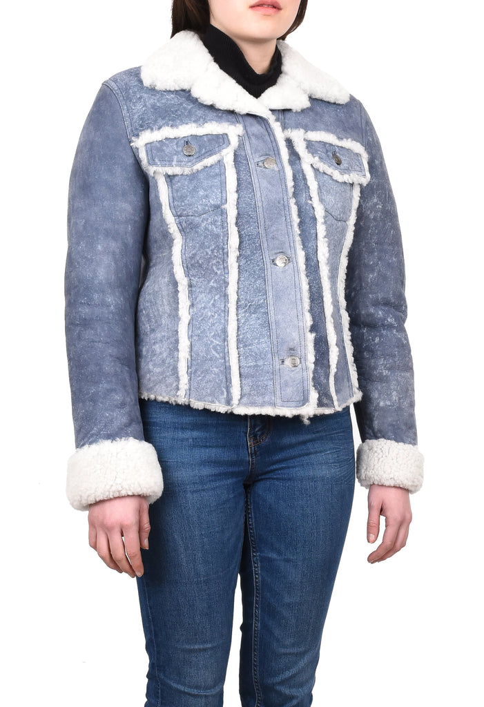 DR239 Women's Real Sheepskin Trucker Jacket Denim Blue 4