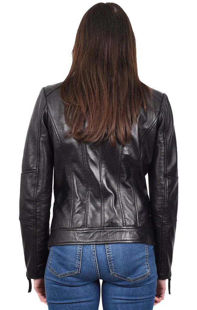 DR571 Women's Casual Zip up Genuine Leather Biker Jacket Black 4