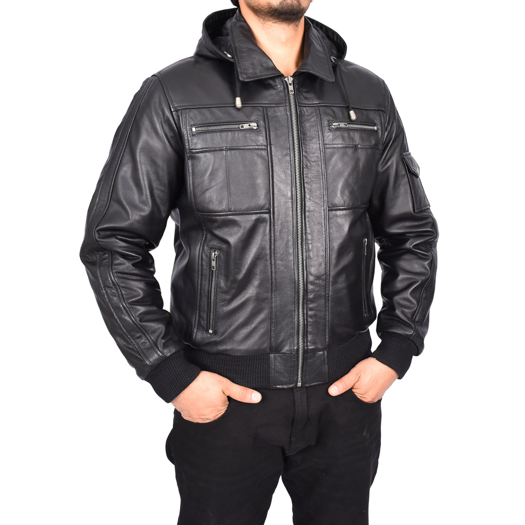 Men’s Leather Detachable Hooded Bomber Jacket Black Jurgen-4