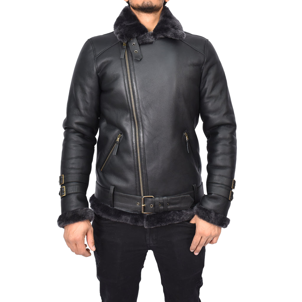 Men's Classic Aviator Real Sheepskin Jacket Flying Squad Black Pelle-5