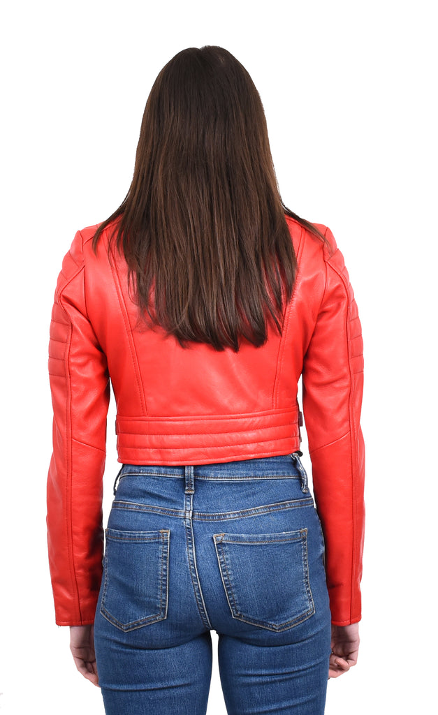DR197 Women's Short Leather Stylish Biker Jacket Red 4