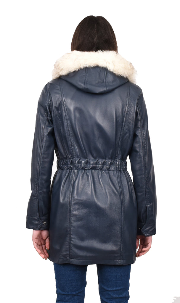 DR204 Women's Smart Long Leather Coat Hood with Fur Blue 4