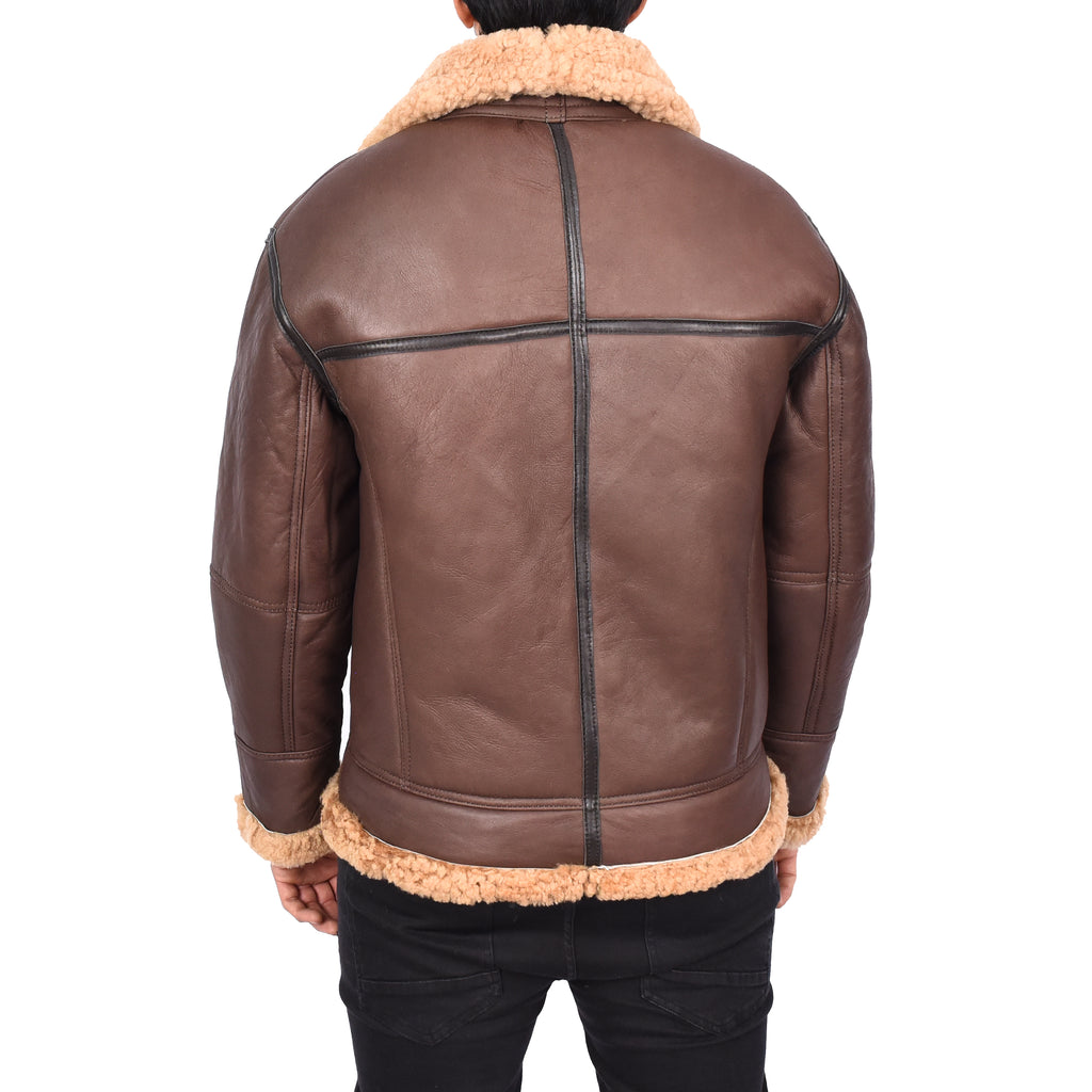 Mens Retro B3 Real Shearling Sheepskin Aviator Flying Jacket Ender Brown-2