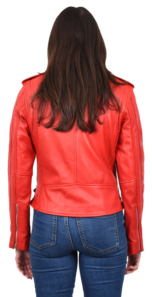 DR199 Women's Hard Ride Biker Style Leather Jacket Red 4