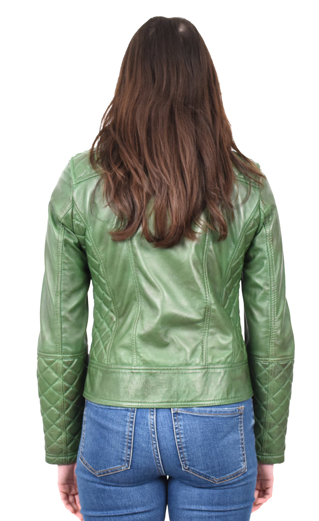 DR238 Women's Leather Biker Jacket with Quilt Detail Green 4