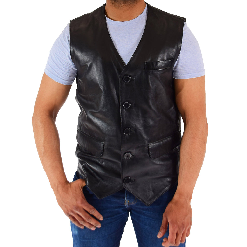 DR554 Men's Genuine Leather Gilet Vest Waistcoat Black 6