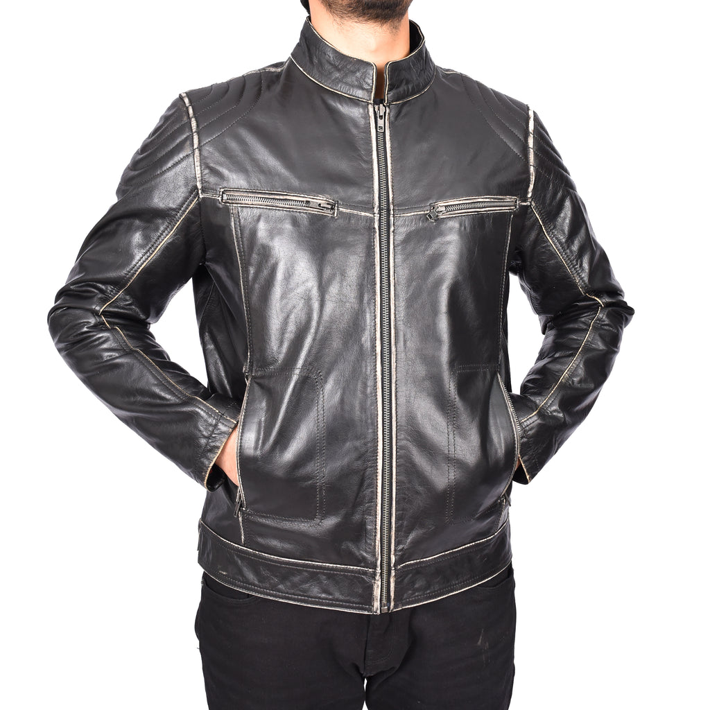 Men's Vintage Biker Real Leather Jacket Dark Brown Lars-5