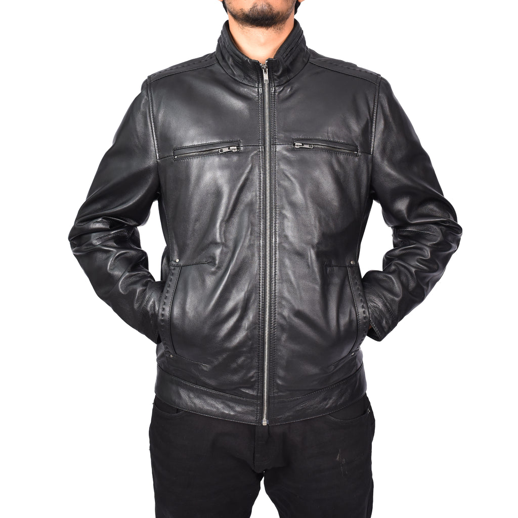 Men's Classic Biker Real Leather Jacket Black Erland-5