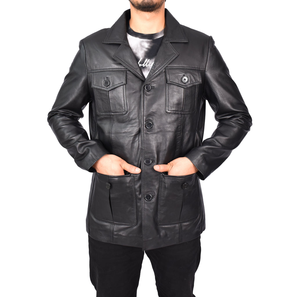 Men's Classic Safari Genuine Leather Jacket Black Kaspar-5