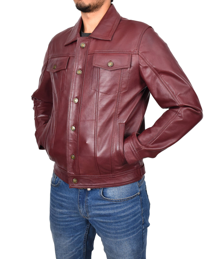 DR134 Men's Classic Short Leather Jacket Burgundy 5