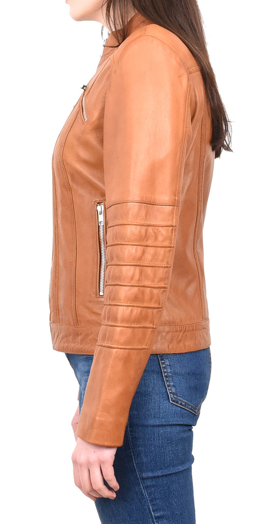 DR222 Women's Casual Biker Leather Jacket Tan 3