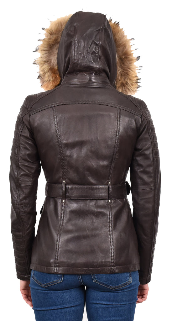 DR264 Women's Leather Parka Coat Detachable Hoodie Waist Belt Brown 5