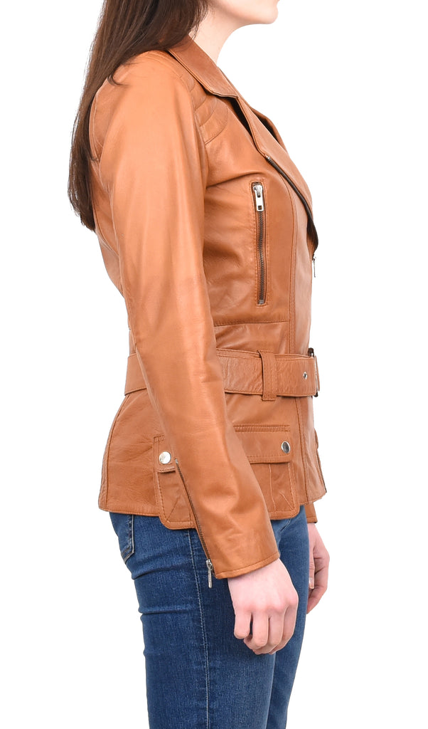 DR205 Women’s Slim Fit Cut Hip Length Biker Leather Jacket Tan 5