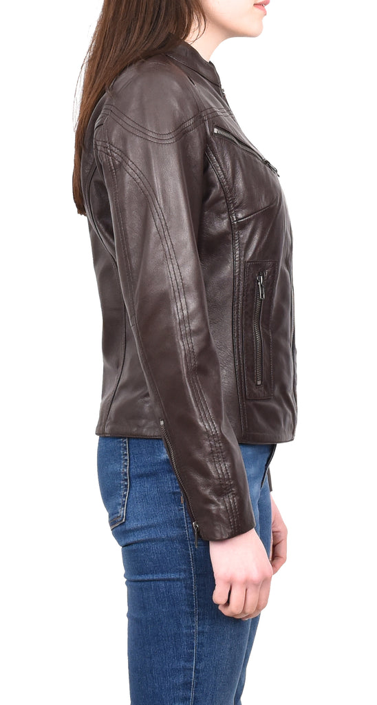 DR200 Ladies Classic Casual Biker Leather Jacket Brown 5