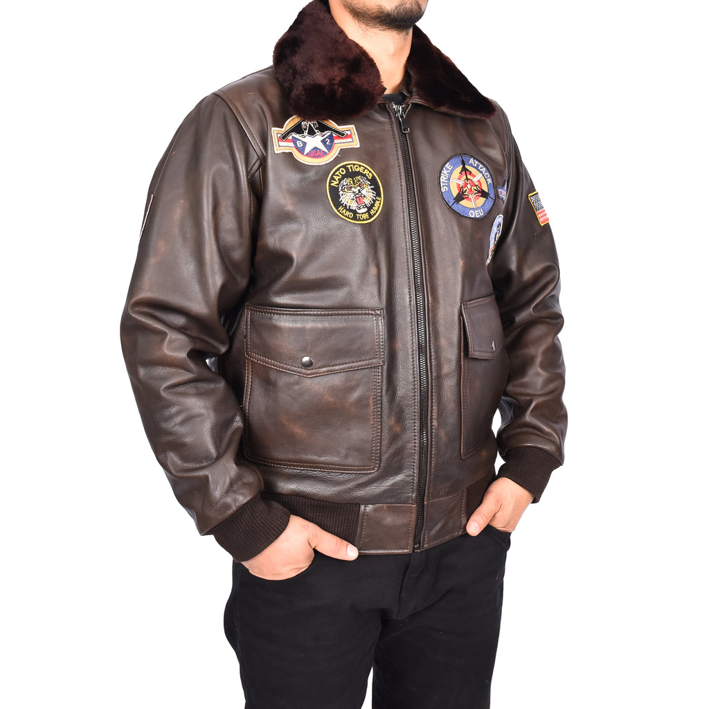 Men's Classic Top Gun Aviator Leather Jacket Brown Valter-5